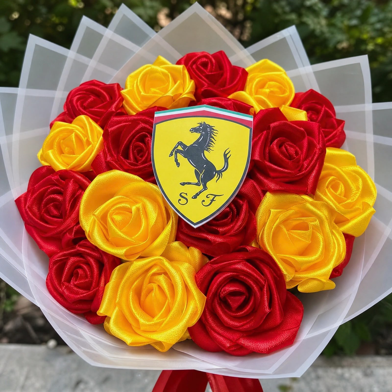 Buquê Formula 1 de flores artesanais de seda e cetim da Mille Flowers